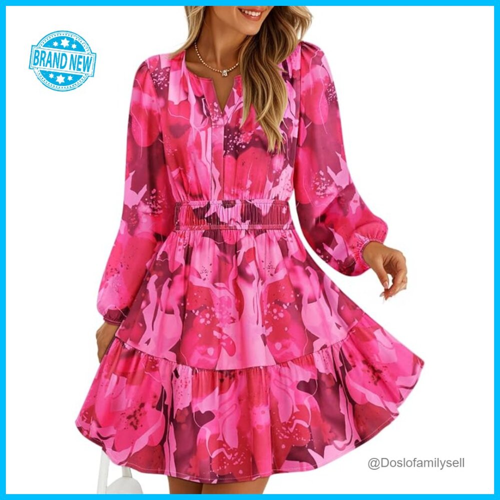 Long Sleeve Floral Mini Dress Boho V-Neck A-Line Flowy Casual Summer